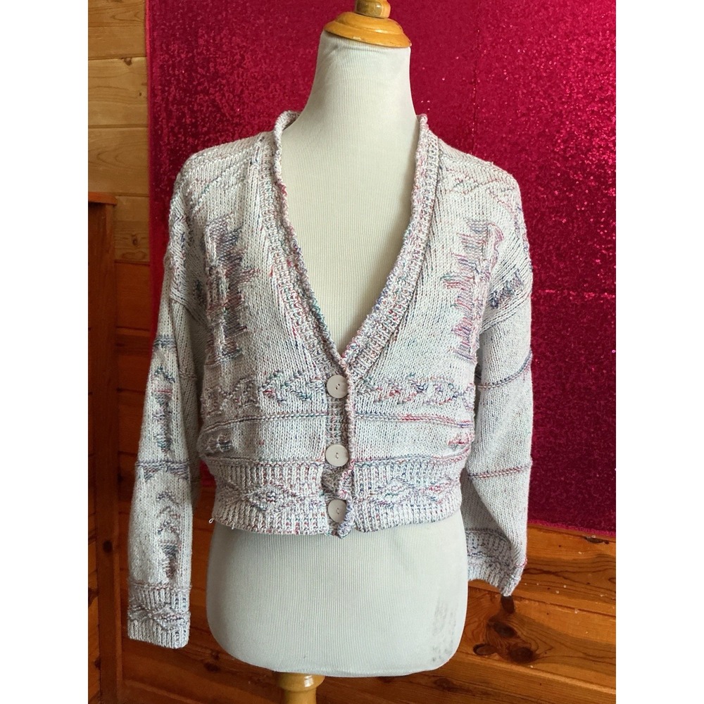 Vintage Flyer Sportswear Pastel Geometric Aztec Textured Knit Cardigan USA L